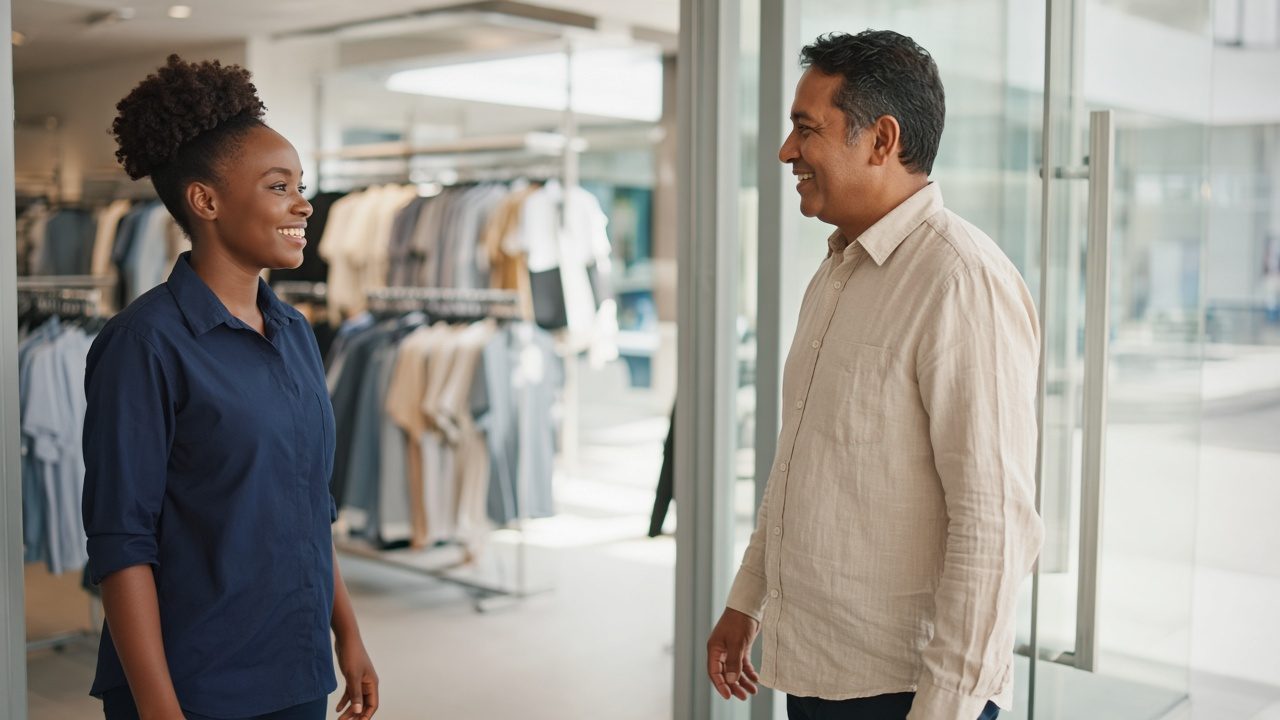 Staff member greeting a customer at a store entrance