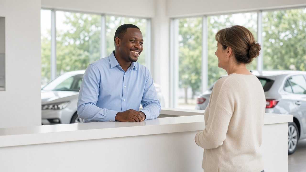 Receptionist talking with a customer at a car dealership
