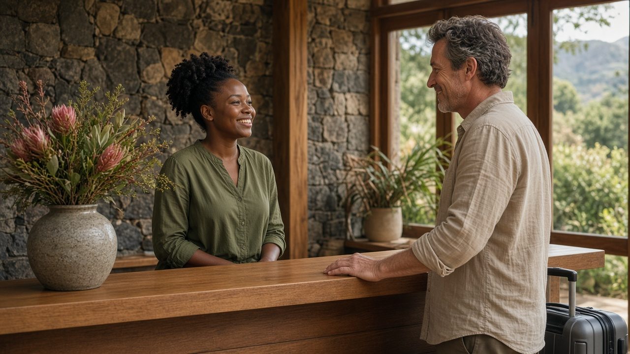 Receptionist welcoming a guest at a hotel front desk